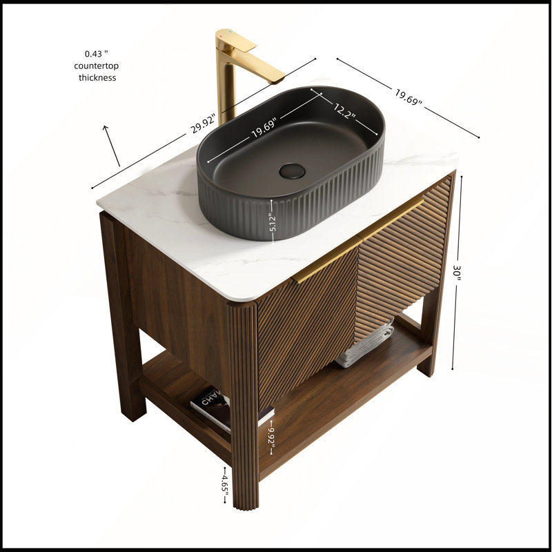 Meuble-lavabo de 30 po avec lavabo ovale en céramique rayé noir, plateau en pierre frittée blanc de Carrare, grain de bois noyer foncé