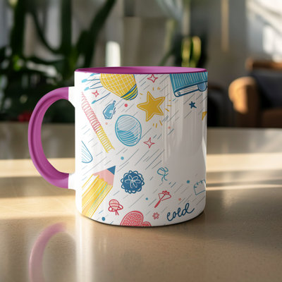 Kids Drawing Style 11oz Accent Mugs – Ceramic Coffee Cup with a Purple Handle and Interior