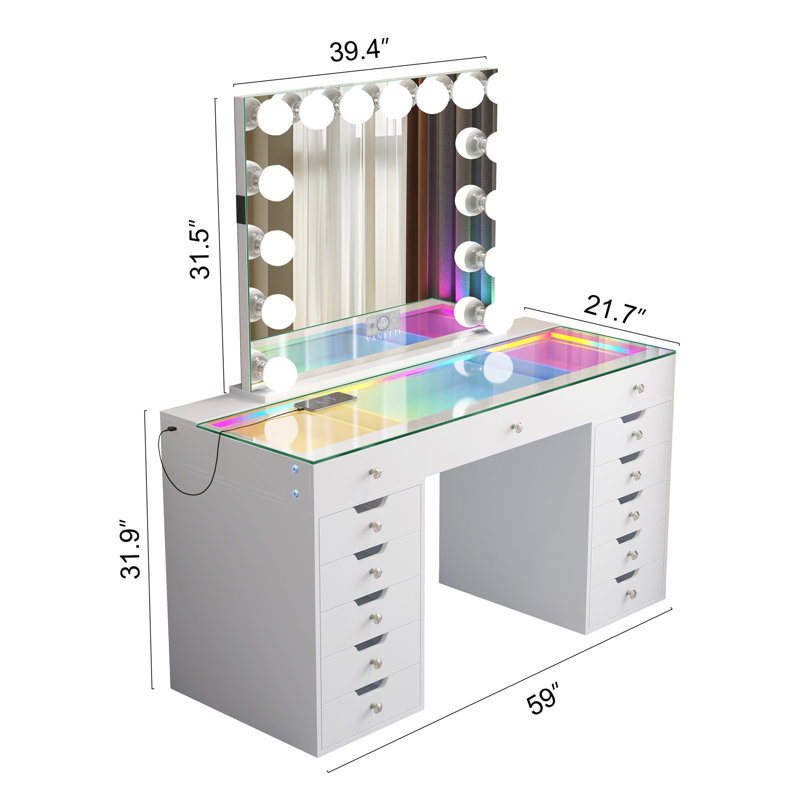 Makeup Vanity Set with hollywood Makeup Mirror HD Glass Top Built-in RGB Light Strips Large 13 Drawers