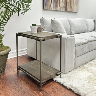 Table de chevet moderne en bois avec structure et tablette en métal, graphite vieilli