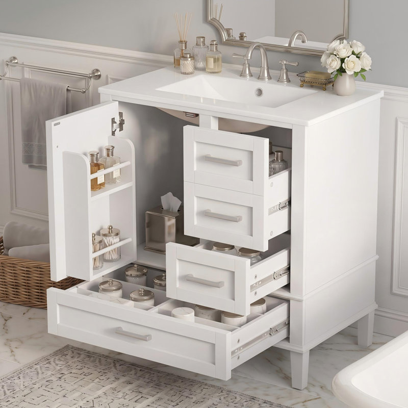 Meuble-lavabo 30 po avec lavabo en céramique, 3 tiroirs à fermeture en douceur, Blanc