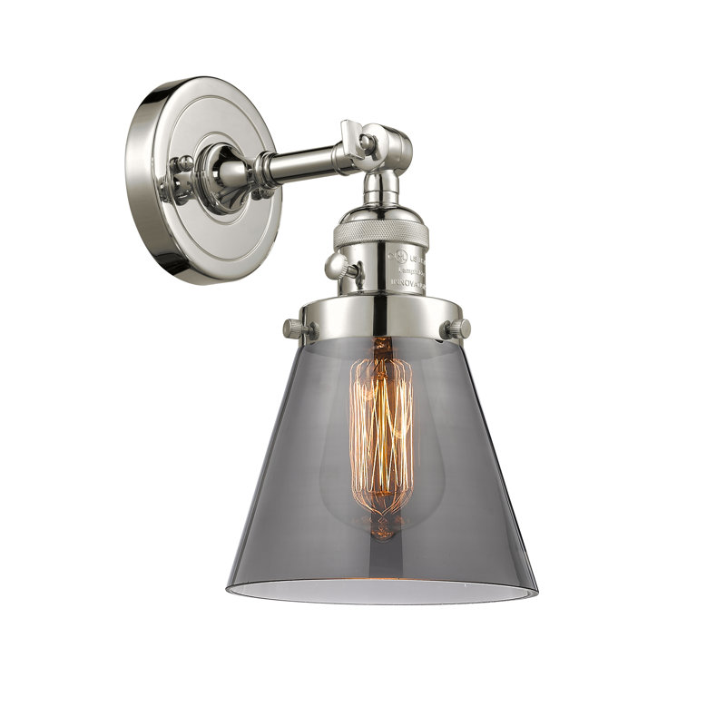 Applique murale 1 lumière Cone, Ampoule incandescente rétro 60 watts, Fumé, Nickel poli