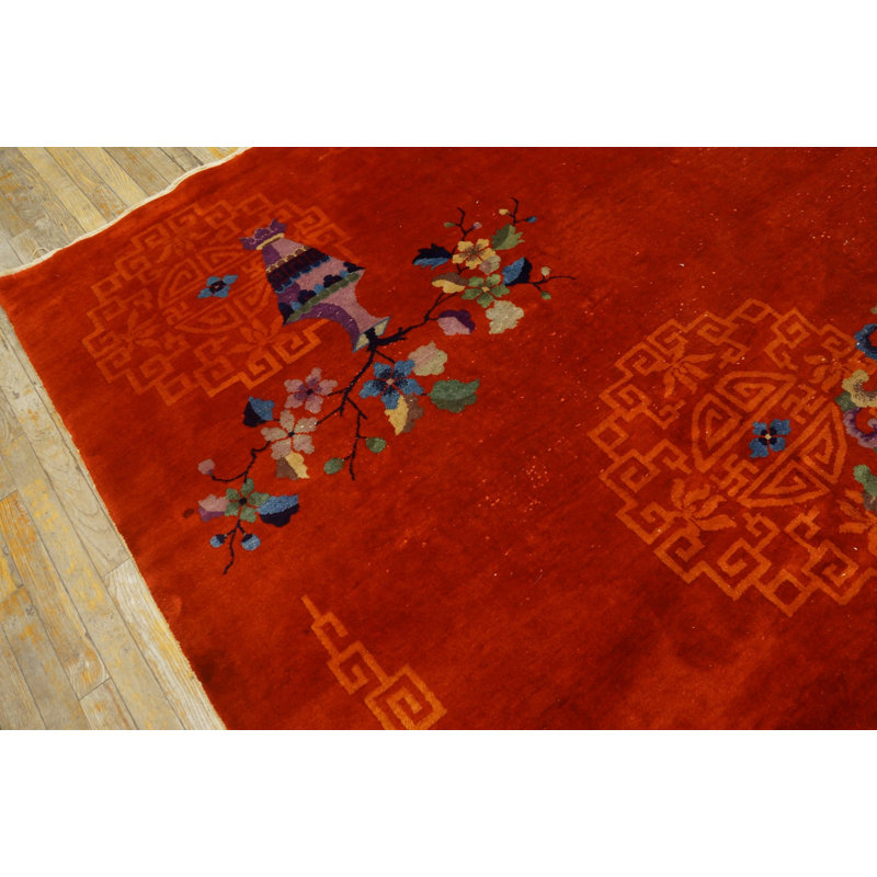 Warm Rustic Red Antique Chinese Art Deco Area Rug