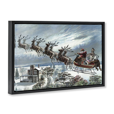 Cadre flottant en forme de traîneau du Père Noël au-dessus de la ville, design par Arlington Prints