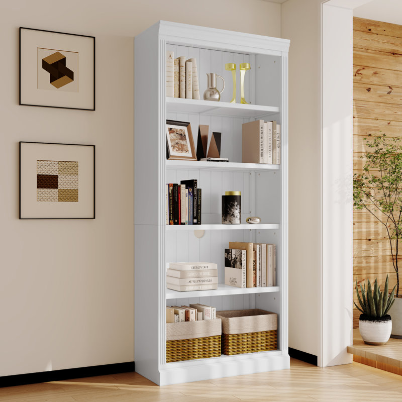 Bibliothèque de 83,4 po de hauteur, bibliothèque décorative à 5 niveaux avec tablettes de rangement réglables