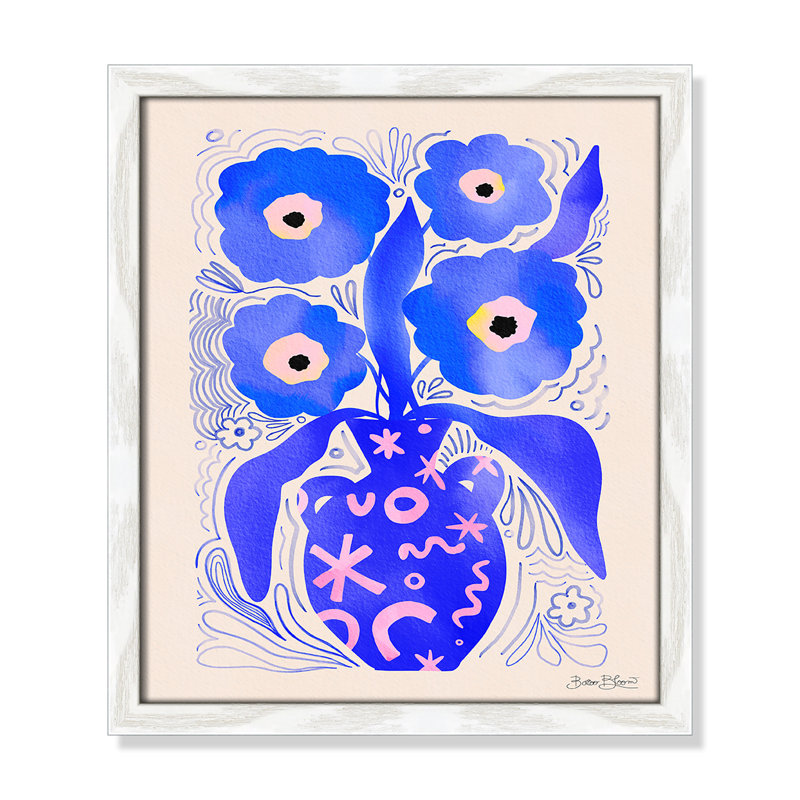 «Blue Flowers Matisse» par Bloom, Grain de bois blanc, L 13 po x H 15 po, Impression encadrée
