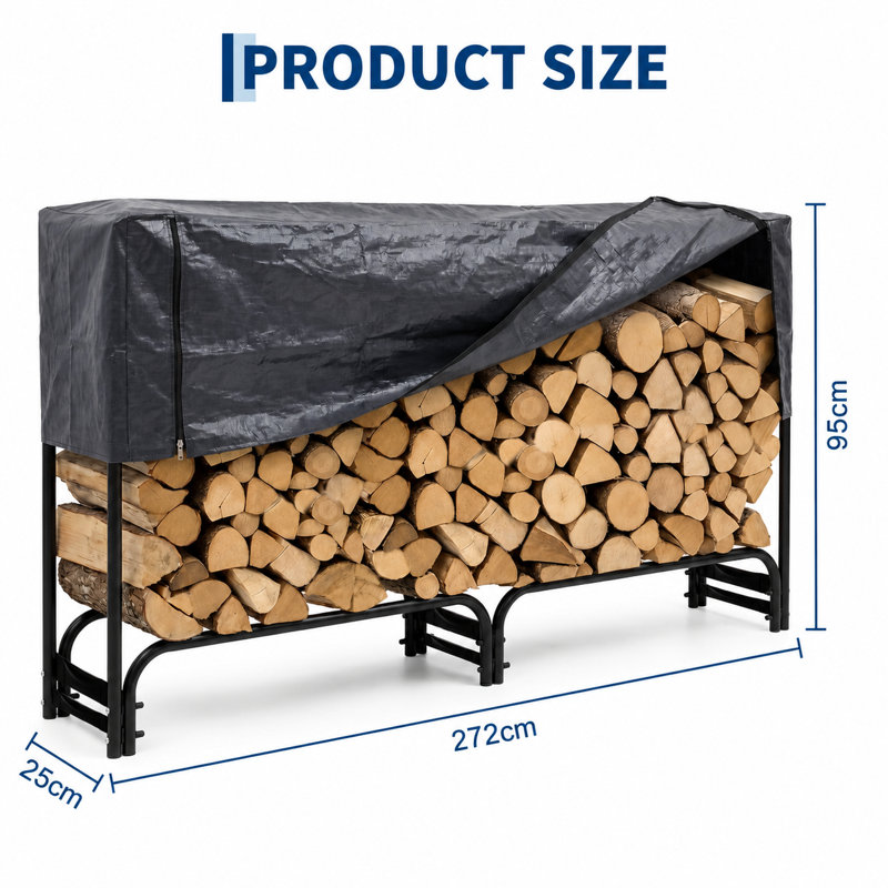 Heavy-Duty Elevated Steel Firewood Rack, Extra-Long Log Storage Stand - Ventilated Airflow - Stable Support Feet - Patio/Porch/Deck/Garage, Fireplace/Wood Stove, Black