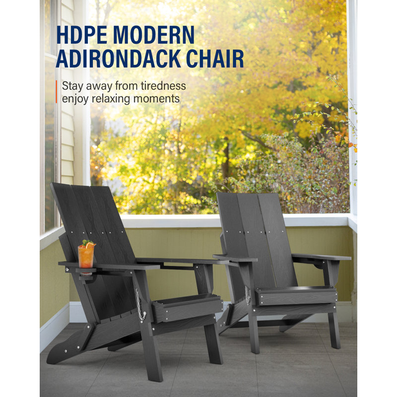 Adirondack Chair, Oversized HDPE Folding Adirondack Chair With Cup Holder, Gray