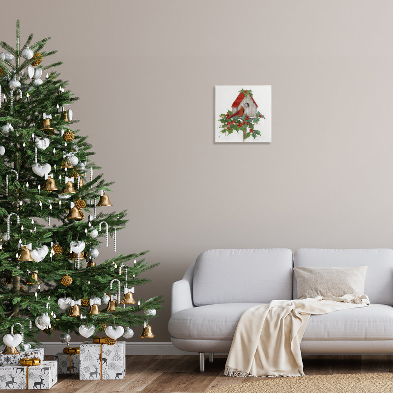 «Winter Plants & Birdhouse», art mural sur toile par Sally Swatland, H 17 po x l 17 po