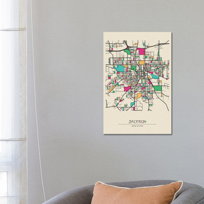 Jackson, Michigan Map 1 Piece Wrapped Canvas Wall Art
