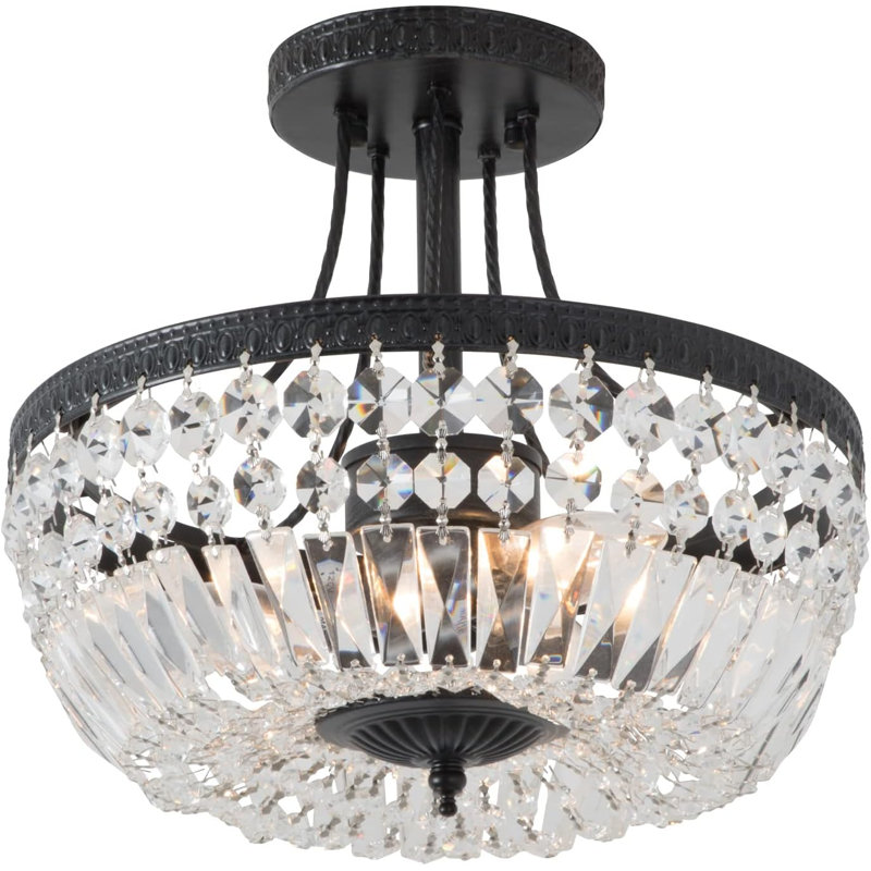 Lustre semi-encastré noir à 3 lumières de 30 cm (12 po), en cristal K9, culot E12, idéal pour chambre, entrée, couloir, salle de bain ou salle à manger. Ampoules non incluses.
