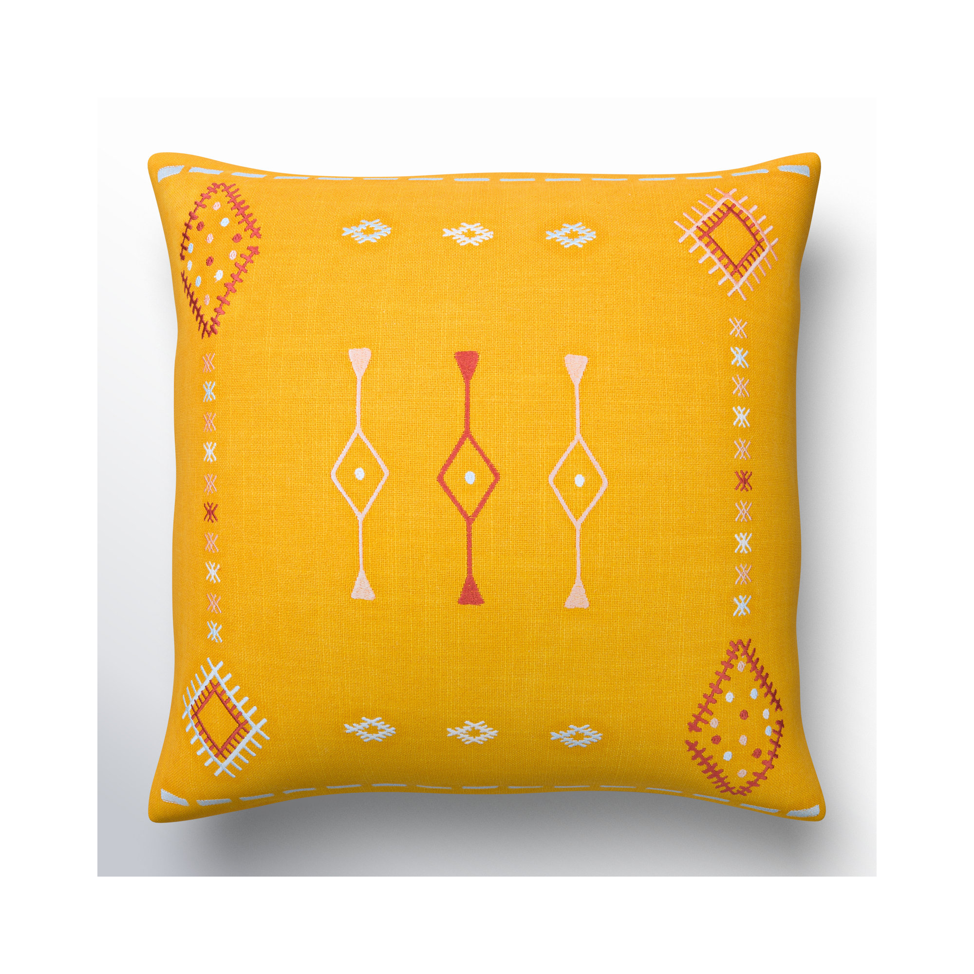Decatur Embroidered Cotton Throw Pillow, Mustard/Dusty Pink/Pale Blue, 20" x 20", Down