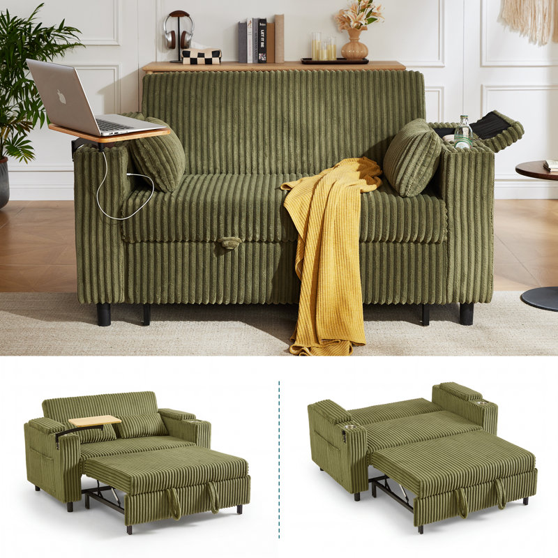  Clayton 58" Convertible Sleeper Sofa with Adjustable Back, USB, Storage, Side Table & Cup Holders