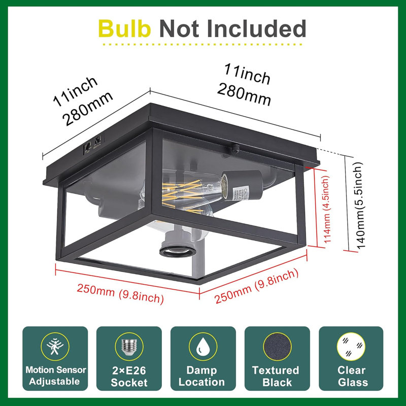 Modern Black Motion Sensor Outdoor Ceiling Light – 11" Square Flush Mount Fixture with Dusk to Dawn