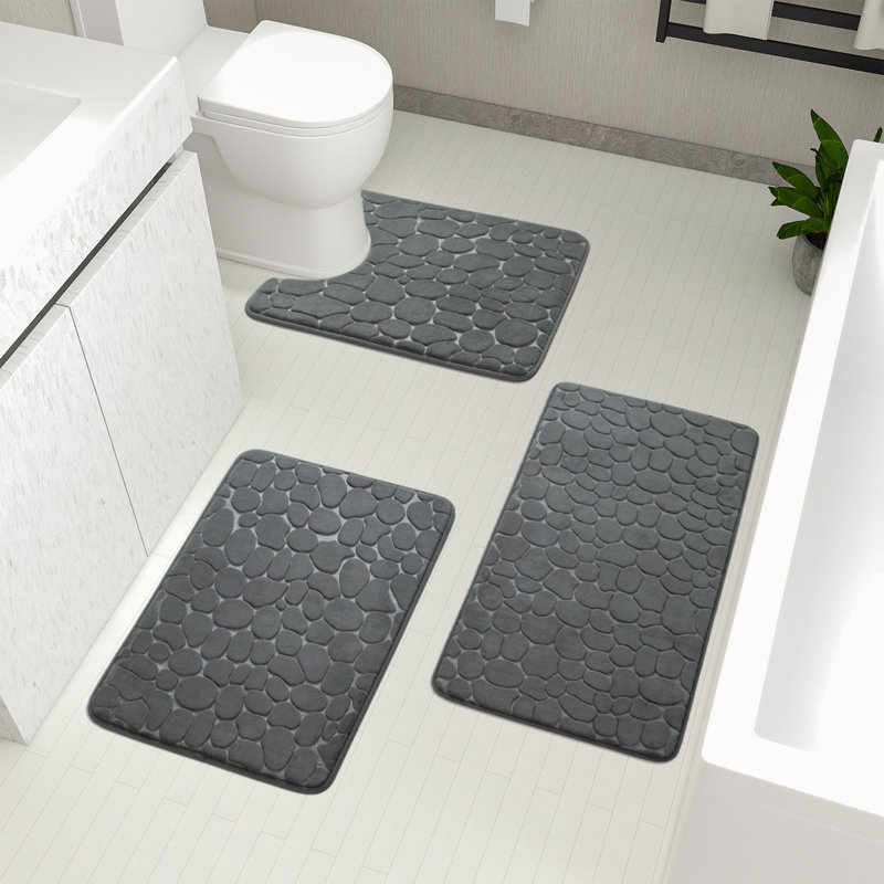 3 Piece Plush Memory Foam Bath Rug Set with Non-Slip Backing and High Absorbency, Dark Gray