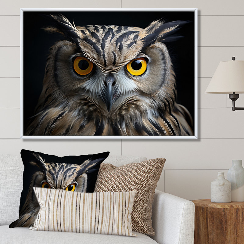 Chouette, reproduction d'art sur toile, portrait d'un oiseau blanc noir, H 34 po x l 44 po x P 1,5 po, Cadre flottant blanc