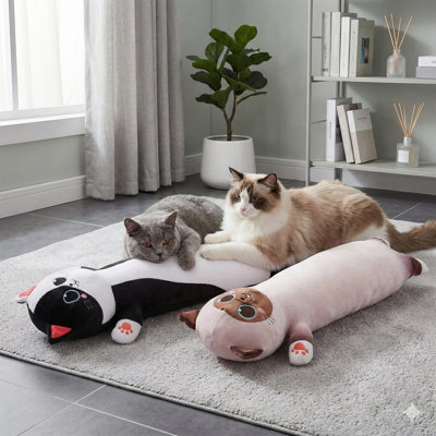 Set of 2 Large Kitty-Shaped Pillows for Dogs and Cats, Plush Pet Gifts Resembling Stuffed Animals, Long Body Design Serving as Sleeping Pillows for Medium to Large-Sized Pets, Available in Cute Brown and White Variants