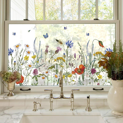 Add.heres Window Privacy Film, Floral Window Stickers, Removable Diy Bouquet Static Clings, Decals For Home School Office Party Supplies, Butterfly Among The Flowers, 17.5 X 78.7 In