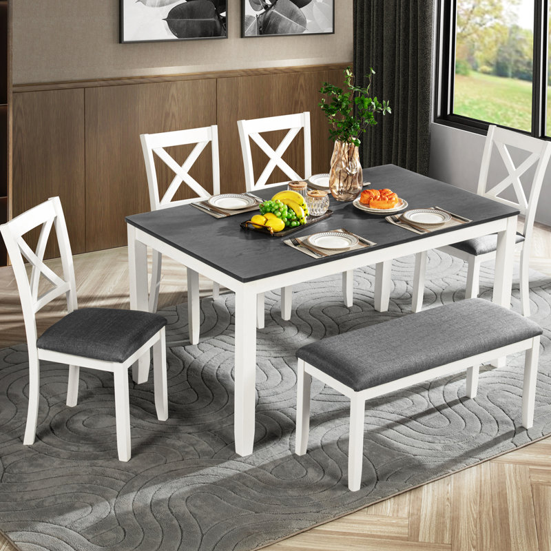 6 repas pour 6 personnes, gris et blanc, structure en bois cintré, plateau chauffant, sièges confortables, 6 tables rectangulaires avec banc, couleur blanche, fabrication ergonomique en forme de X, facile à assembler