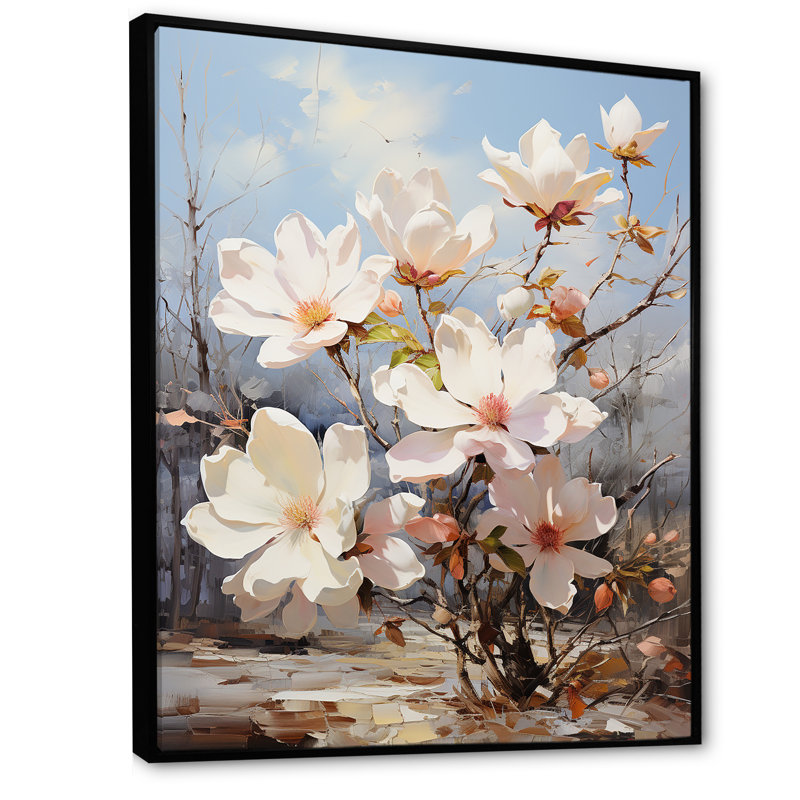 Perle de magnolia blanc dans un jardin ensoleillé sur toile, Cadre flottant noir, H 40 po x l 30 po x P 1,5 po