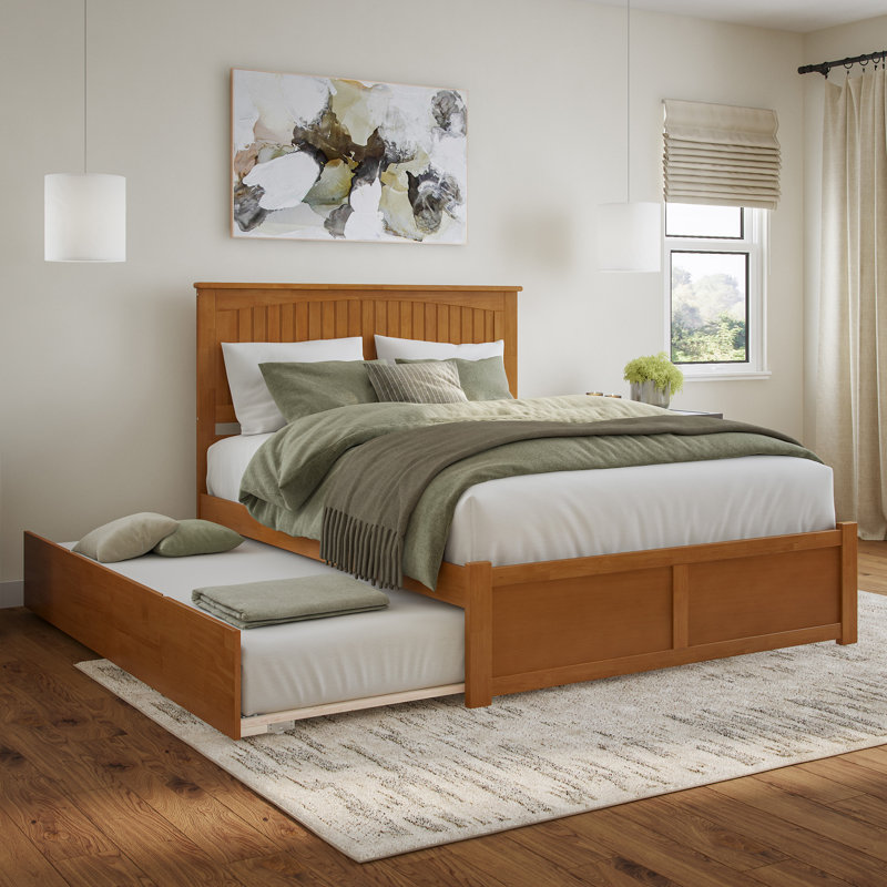 Nantucket Solid Wood Platform Bed with Panel Footboard and Trundle, Queen, Light Toffee