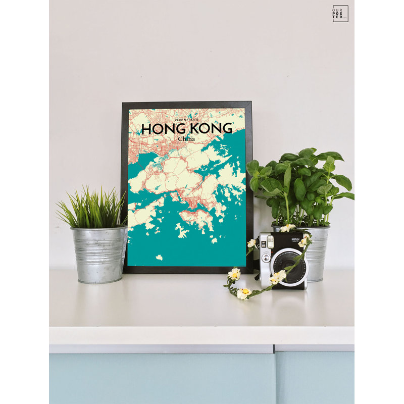 « hong kong city map », reproduction d’impression sur affiche en tricolore, H 27,6 po x l 19,7 po
