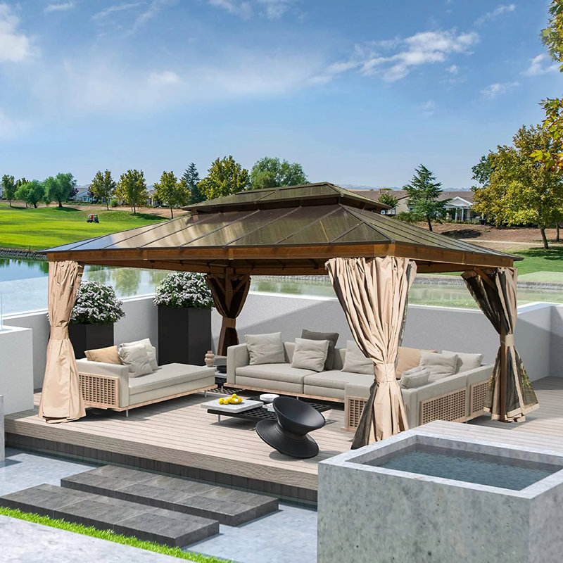 Aluminum Patio Gazebo Permanent Double Polycarbonate Roof Canopy, 16 ft x 12 ft, Brown