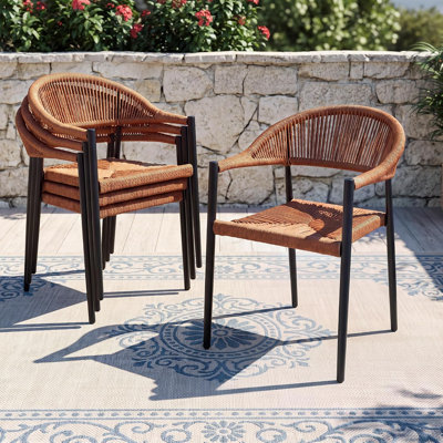 4 chaises de patio empilables 4 pièces, chaise de salle à manger d'extérieur en rotin d'aluminium avec accoudoirs, fauteuil de jardin en corde tissée sans assemblage, orange