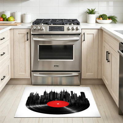 Black Vinyl City Record Music Turntable Jazz Building Sound Retro Vintage Machine Washable Indoor Area Rug