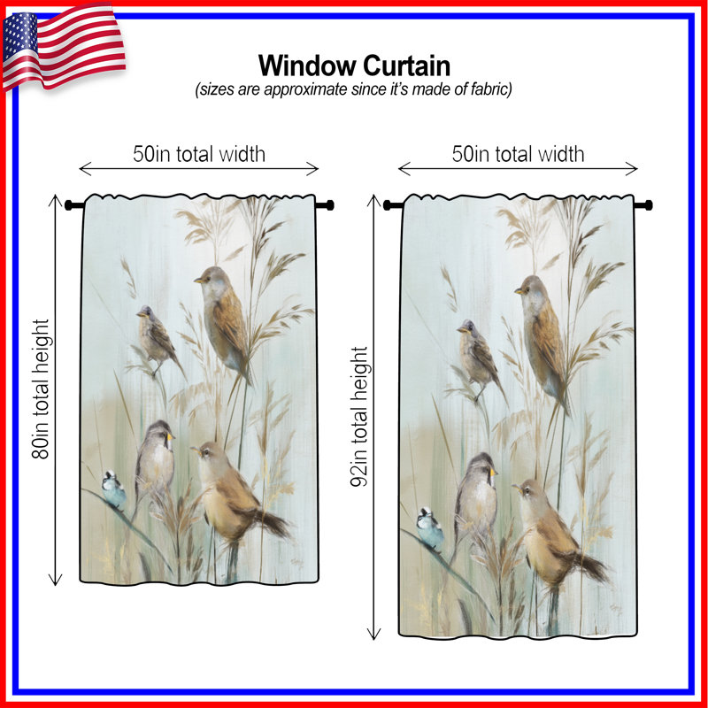 Birds On Grass Stems Window Curtains, Birds Sheer & Blockout Curtains - 1 Panel, Sheer, 50" x 80" - 1 Panel
