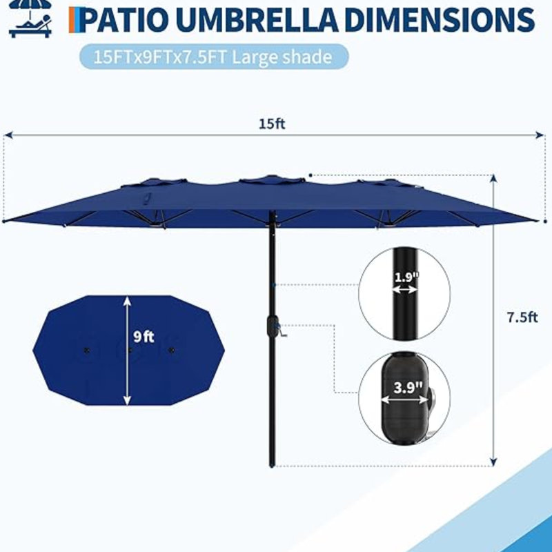 Parasol de patio rectangulaire surdimensionné de 15 pieds avec base double surdimensionné pour marché, terrasse, bleu jardin