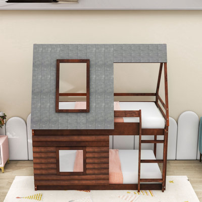 Lit superposé simple en forme de maison en bois avec échelle intégrée et garde-corps de sécurité