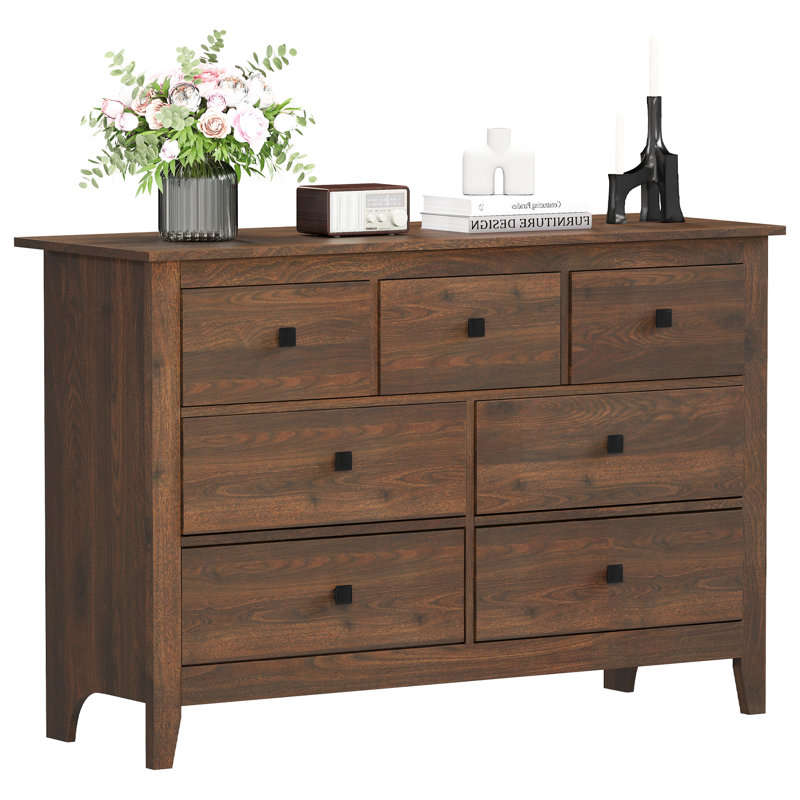 47 Inch Farmhouse 7 Drawer Dresser with Anti Tip Kit Weathered Oak Finish