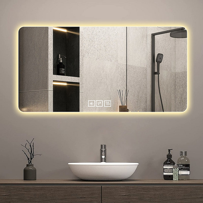 Miroir de salle de bain 28 po x 60 po sans cadre avec lumière DEL, résistant à la corrosion, miroir à trois couleurs à intensité variable et rétroéclairé avec fonction de désembuage à une touche