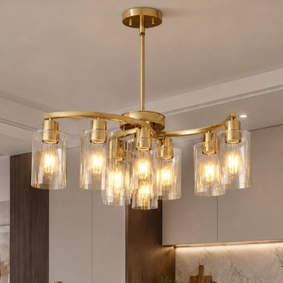 30'' 9-Light Modern Farmhouse Gold Chandelier, Clear Glass Kitchen Island Light