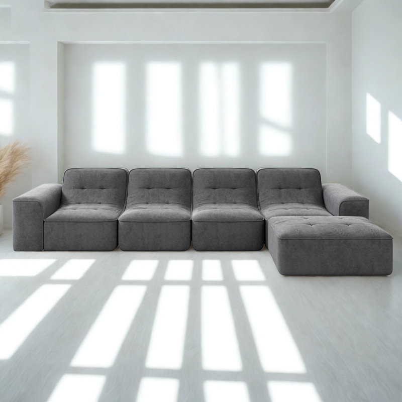 143.7" Modular Sectional Sofa Set With Removable Ottoman,Tufted Design, Deep Seat Couch, Chaise & Accent Chair,Modern DIY Sparkling Chenille Sofa For Living Room, Apartment, Office, Grey.
