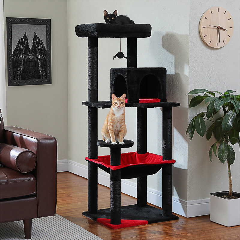 Arbre à chat gothique avec très grand hamac, tour à chat noire 45,7 po avec lit en cercueil, maisonnette pour chat, poteaux à griffes en sisal et perchoir supérieur, arbre à chat gothique à plusieurs niveaux, Halloween