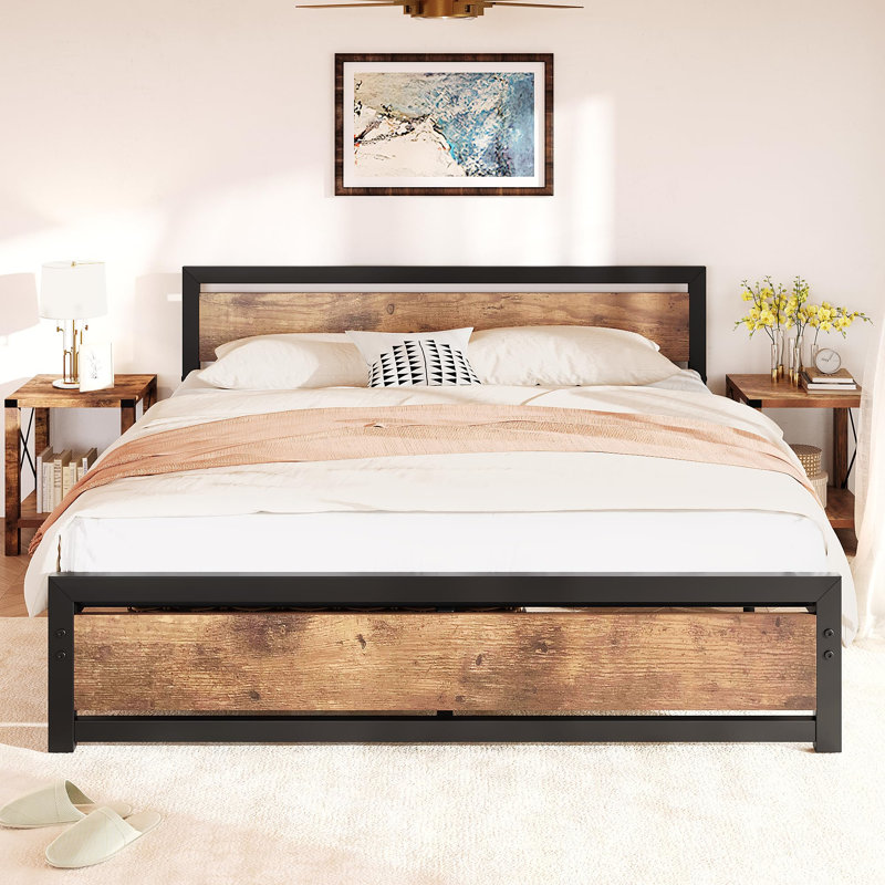 Bed Frame With Headboard And Footboard, 14 Inch Bed Platform No Box Spring Needed, King, Retro Brown