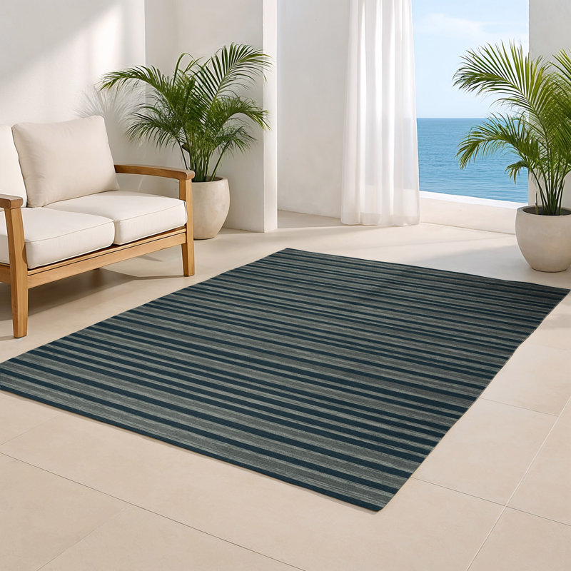 Tapis intérieur / extérieur bleu HorizontalStripes, Rectangulaire 8 pi x 10 pi