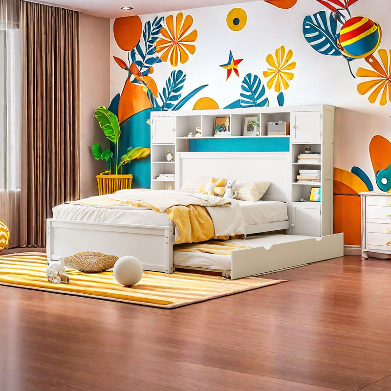 Grand lit en bois avec armoire tout-en-un, tablette et prises, lit gigogne simple TG, Blanc