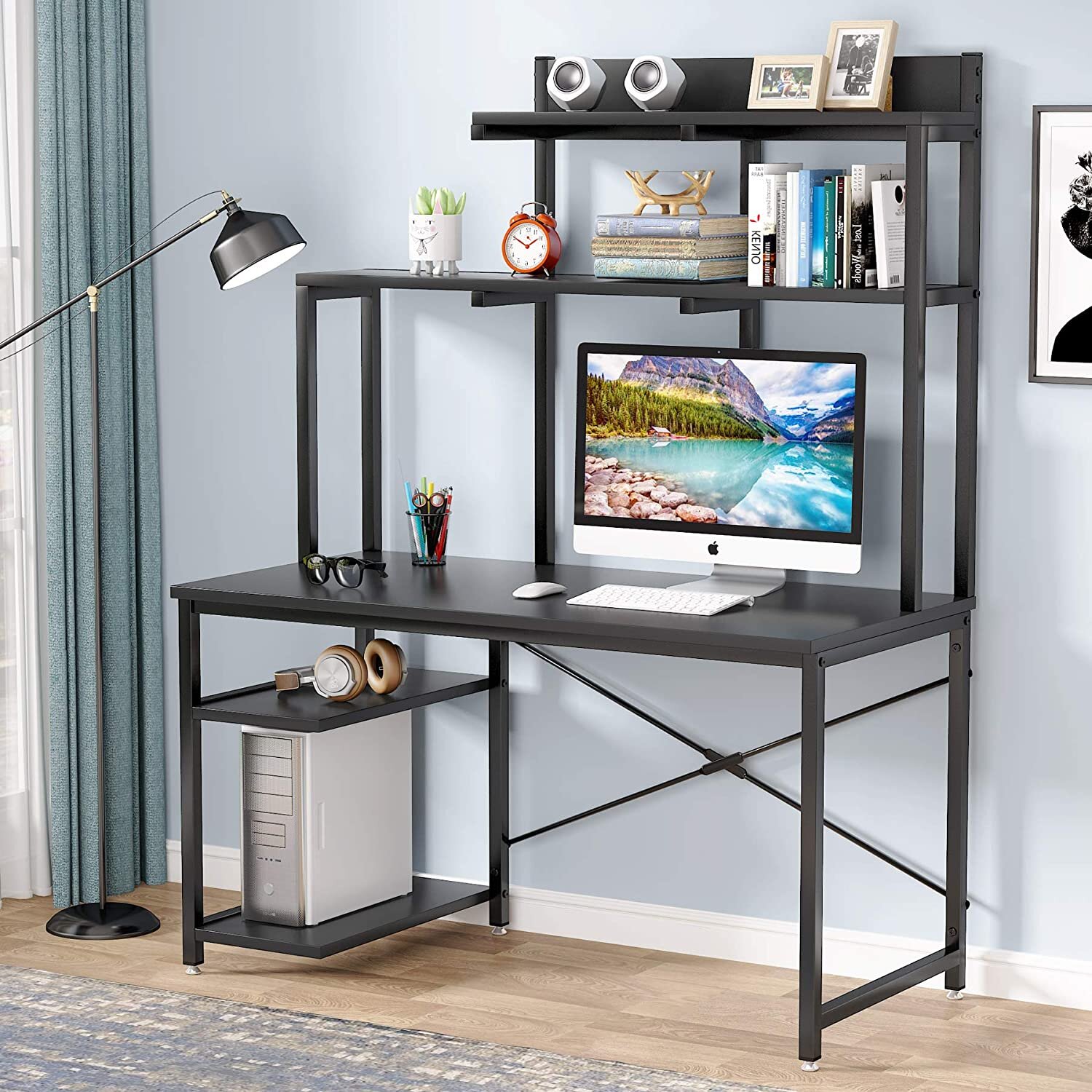 Sarahlouise Computer Desk with Power Outlet & Storage Shelves, PC Desk Workstation for Home Office 17 Stories Color (Top/Frame): Brown/Black, Size: 47