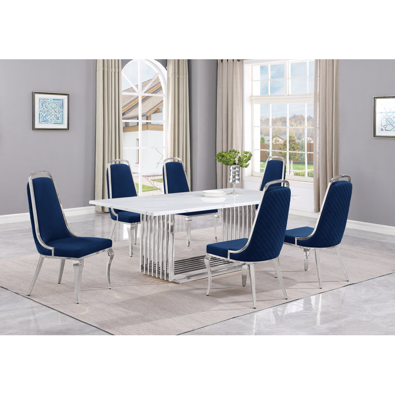Ensemble de salle à manger rectangulaire L 79 po x l 40 po Kenne, Marine / Argent, 7, Argent