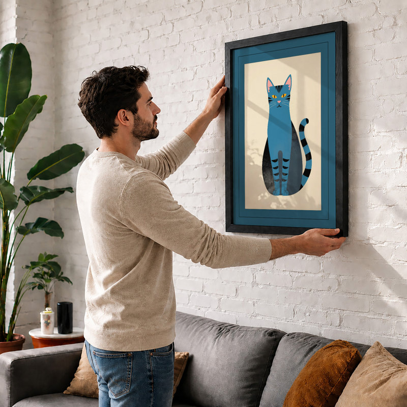 Geometric Blue Cat Mid-Century - Framed Print, A2 - 59.4 x 42.0 cm, Oak