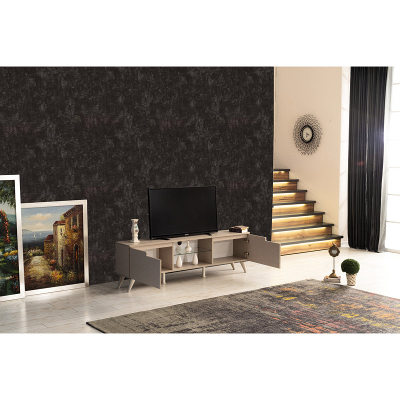 Meuble télé de 66 pouces, de style moderne du milieu du siècle, beige, avec 2 portes et 1 tablette en verre, en bois massif.