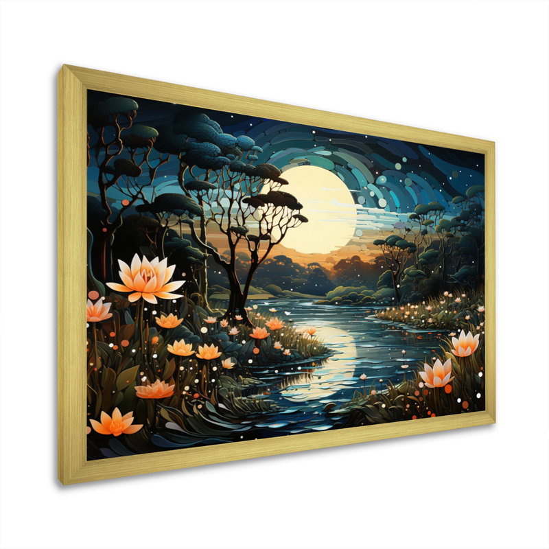 «Blue Green Pointillism River At Night III», reproduction d'art sur toile, H 16 po x l 32 po x P 1 po