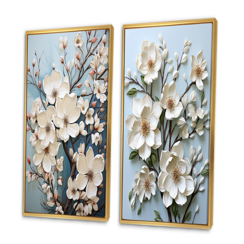 «Dogwood Field Pointillism Collage», 2 pièces sur toile, Encadrement doré, H 20 po x l 24 po