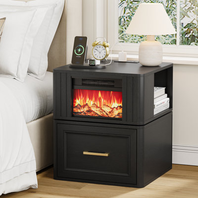 Rotating Electric Fireplace with Charging Station, Storage End Table with Drawer