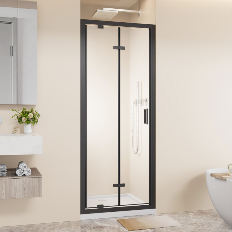 Porte de douche à cadre pivotant pliable à deux battants 30 po x 72 po, cabine de douche pliante compacte en verre trempé transparent de 1/4 po avec poignée en acier inoxydable, installation réversible, noir