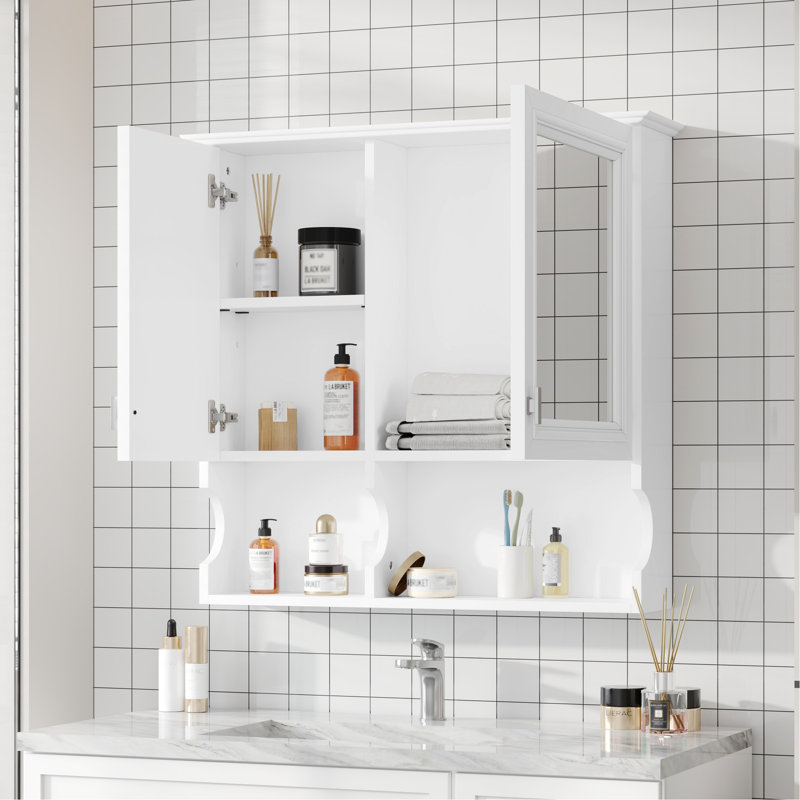 Armoire à pharmacie à miroir de 30 pouces avec tablettes ouvertes, rangement mural avec portes et miroir, tablette réglable, armoire de rangement pour salle de bain au-dessus de la toilette