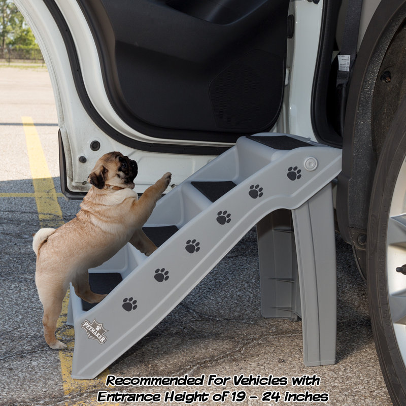 Gray Foldable 4-Step Plastic Pet Stairs with Paw Prints